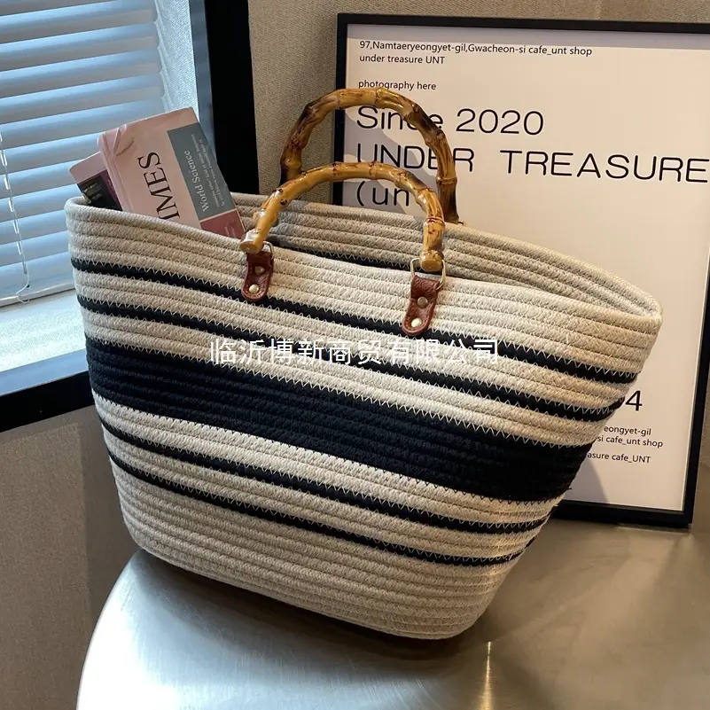 Women Bamboo Patchwork Tote Bag with Leather Handle - Image 9