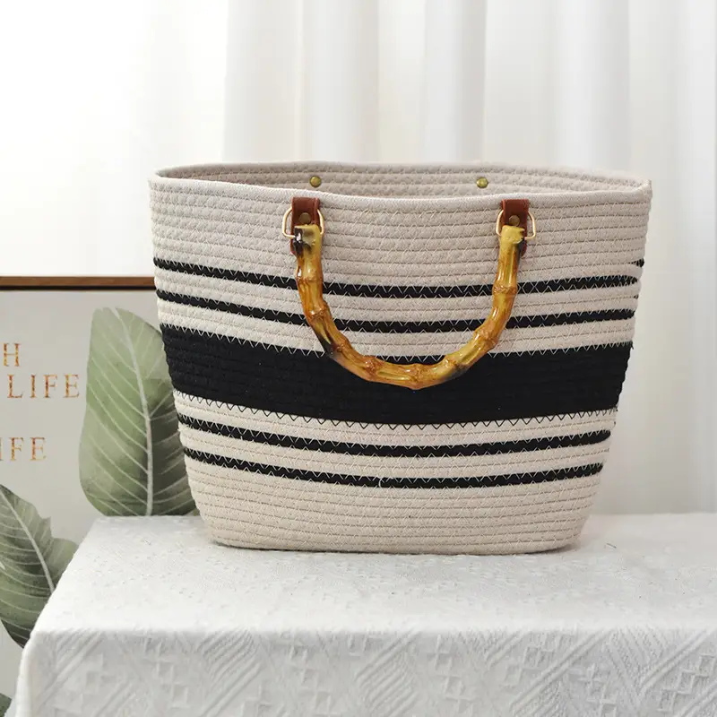 Women Bamboo Patchwork Tote Bag with Leather Handle - Image 2