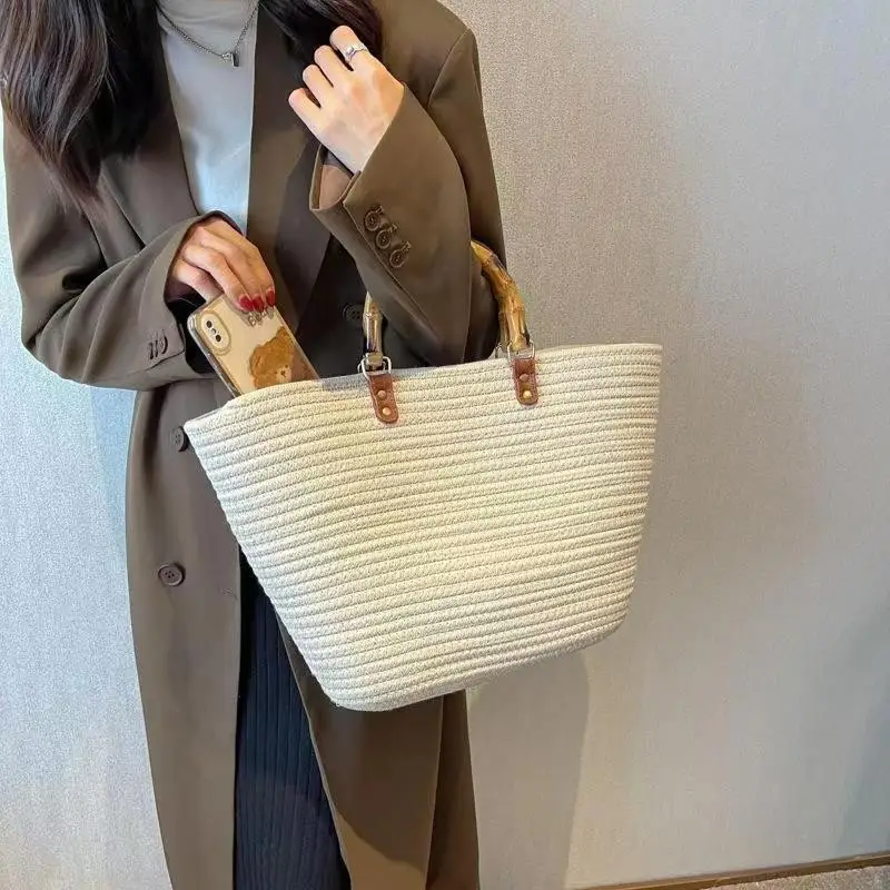 Women Bamboo Patchwork Tote Bag with Leather Handle - Image 4