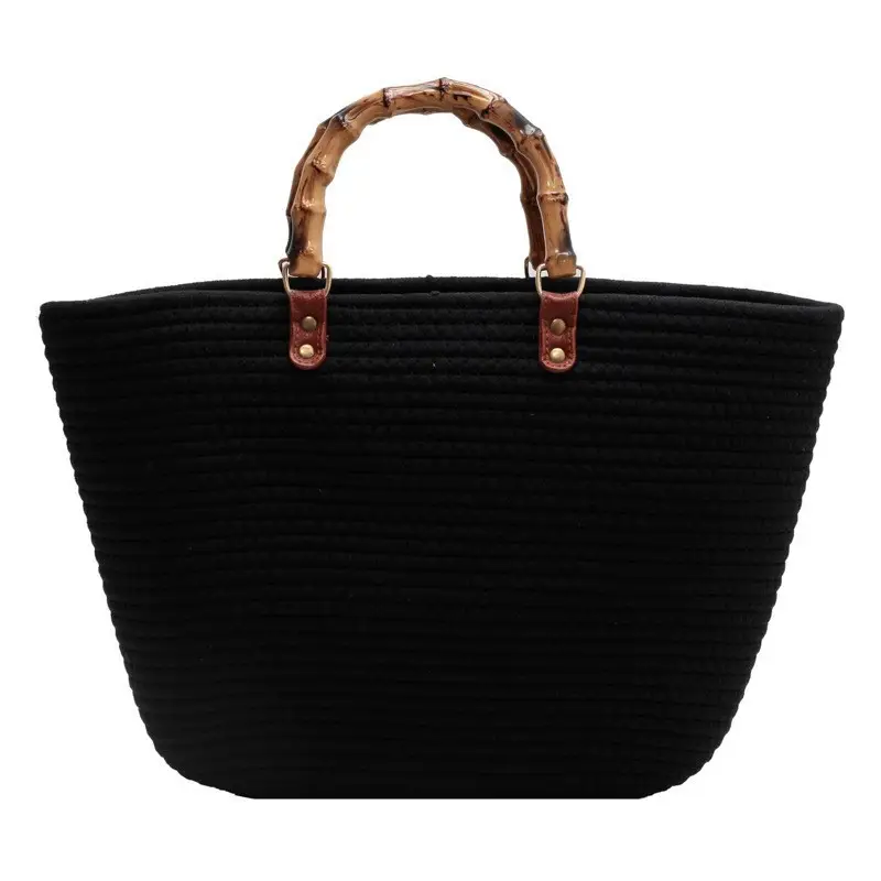 Women Bamboo Patchwork Tote Bag with Leather Handle - Image 5