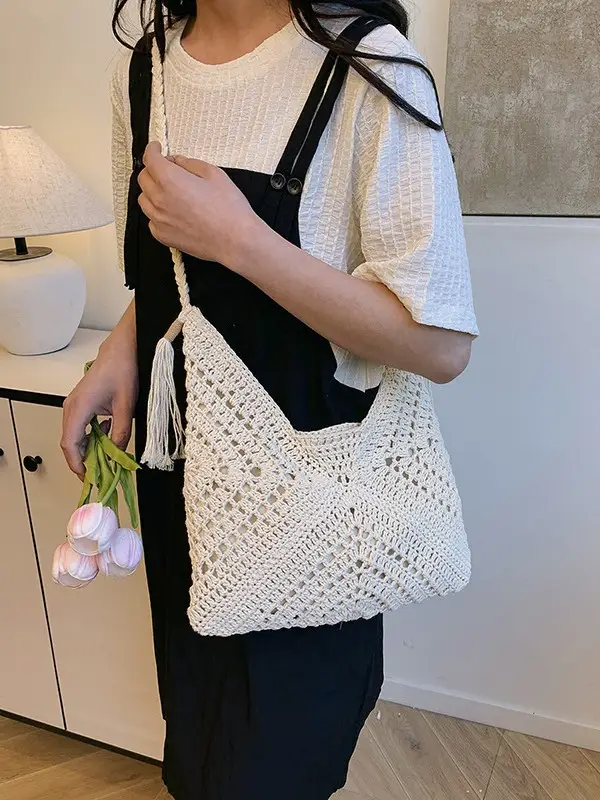 Women Crossbody Bag Beige Woven 2025 Summer - Image 6