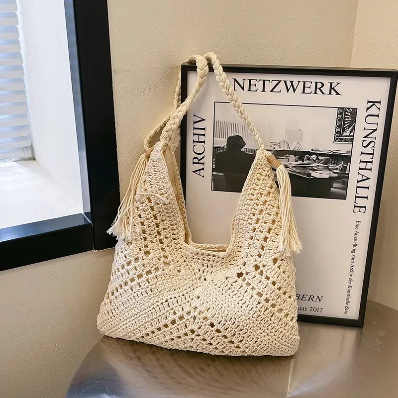 Women Crossbody Bag Beige Woven 2025 Summer - Image 3