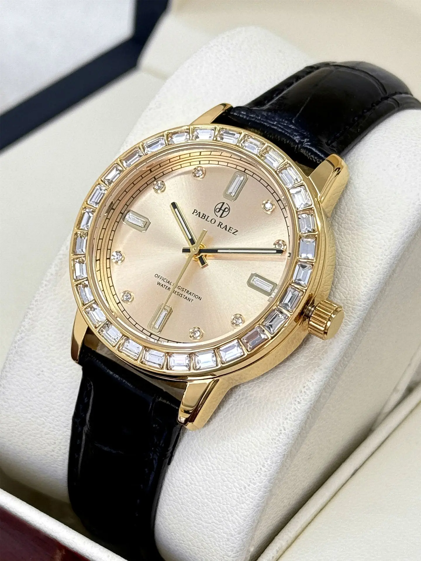 Gold Diamond Watch for Women Black Strap Luxury Fashion — feature 10