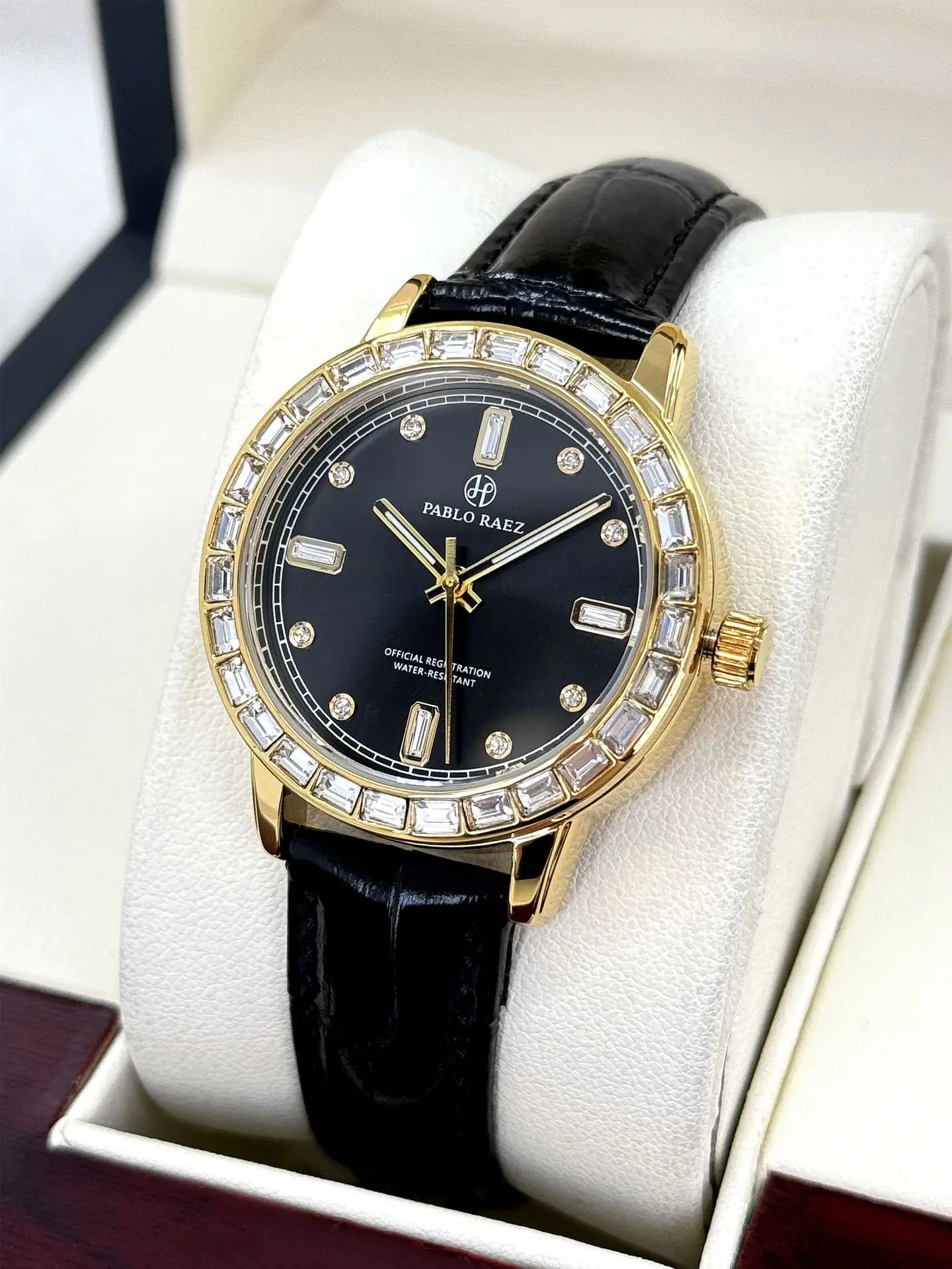 Gold Diamond Watch for Women Black Strap Luxury Fashion - Image 2