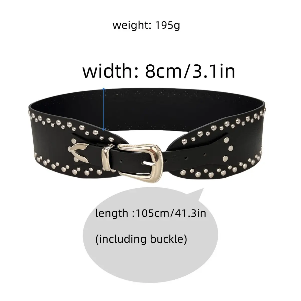 Black Rivet Belt for Girls, 195g, 8cm Width