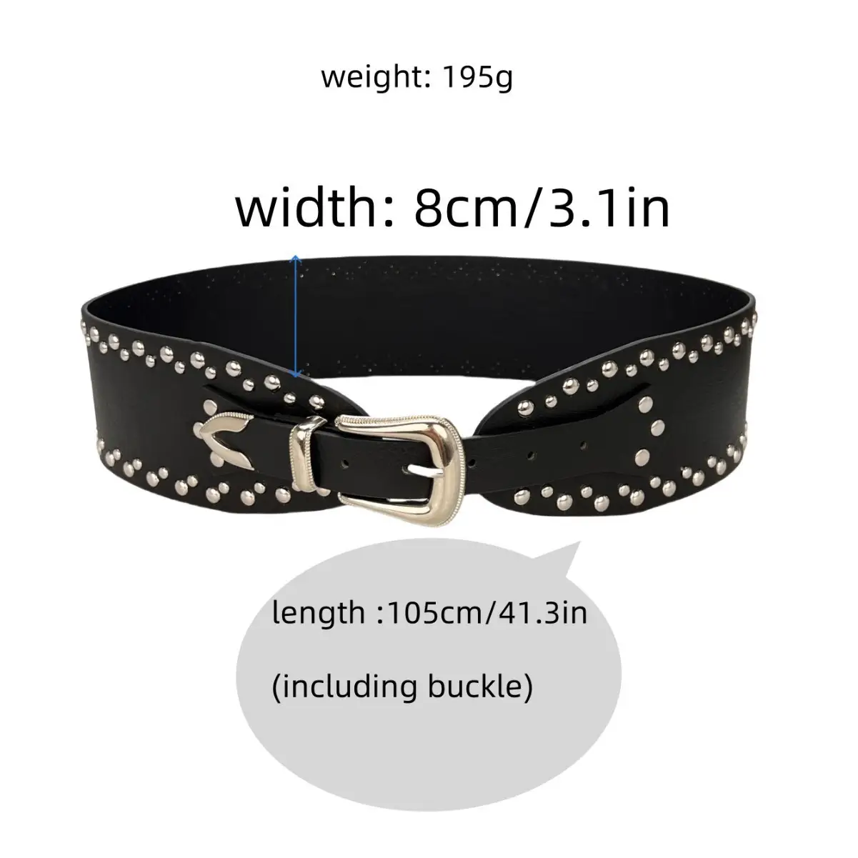 Black Rivet Belt for Girls, 195g, 8cm Width