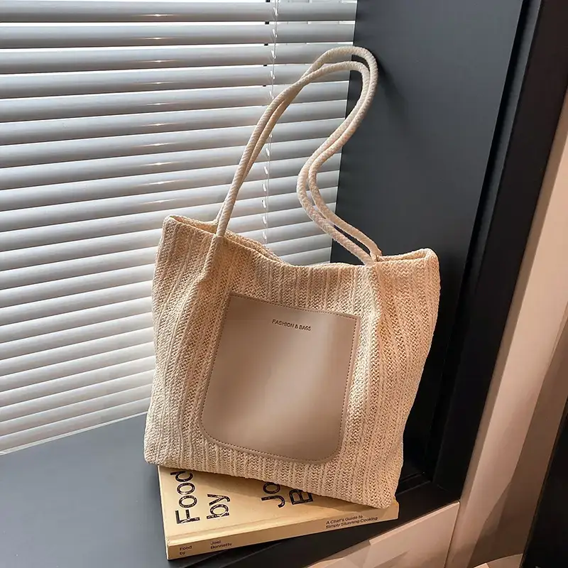 Women Woven Tote Bag Large Capacity Beige 2025 - Image 3