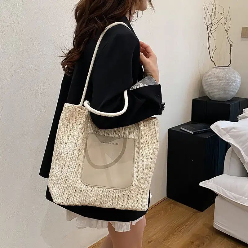 Women Woven Tote Bag Large Capacity Beige 2025 - Image 4