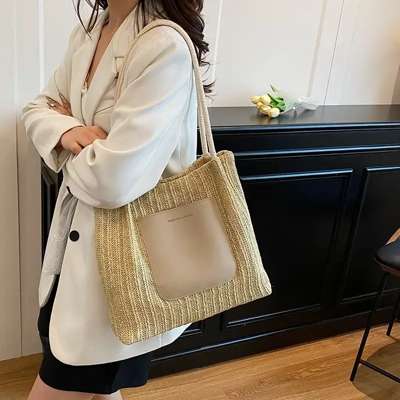Women Woven Tote Bag Large Capacity Beige 2025 - Image 5