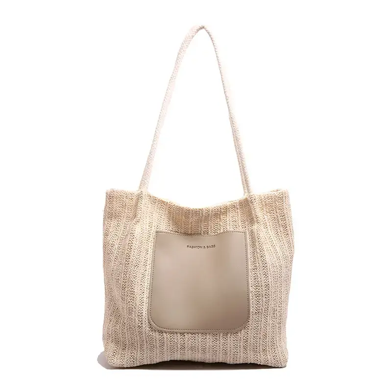 Women Woven Tote Bag Large Capacity Beige 2025 - Image 7