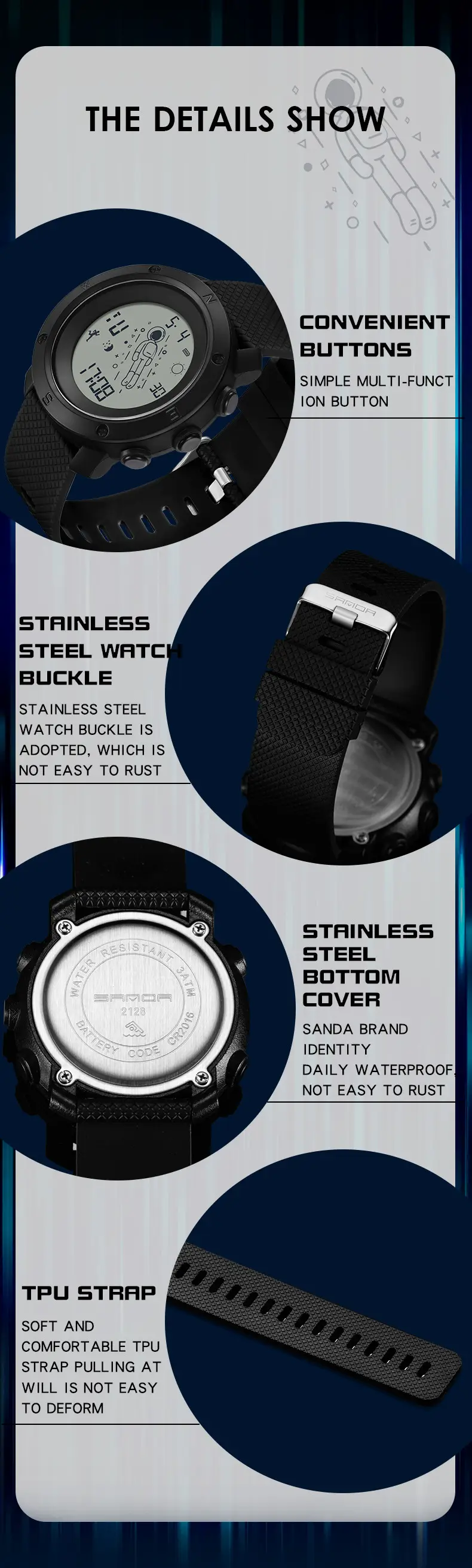 Astronaut Digital Watch Blue Sport Waterproof — feature 31