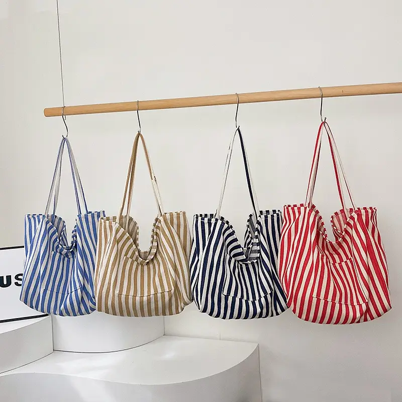 Striped Canvas Tote Bags 2026 Spring New Korean Style - Image 9