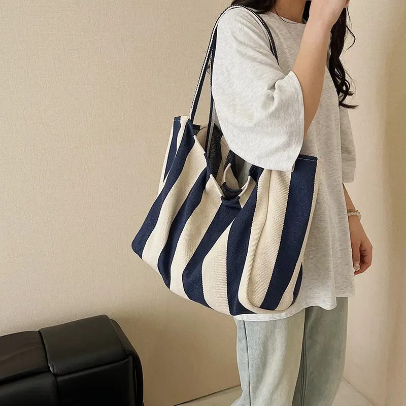 Striped Canvas Tote Bags 2026 Spring New Korean Style - Image 10