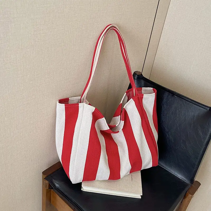 Striped Canvas Tote Bags 2026 Spring New Korean Style - Image 2