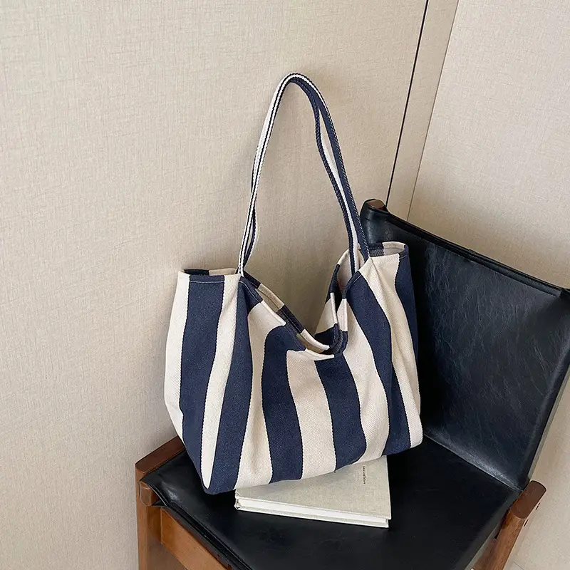 Striped Canvas Tote Bags 2026 Spring New Korean Style - Image 3