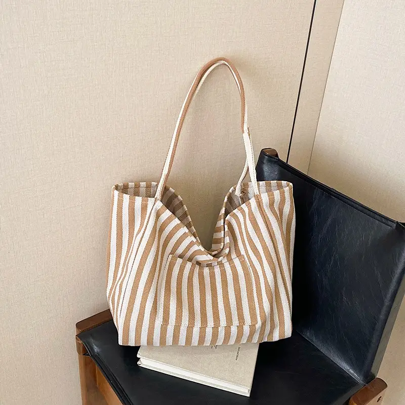 Striped Canvas Tote Bags 2026 Spring New Korean Style - Image 4