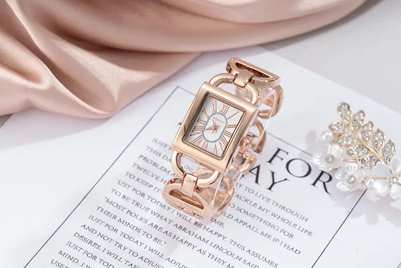 Rose Gold Rectangular Women's Quartz Watch with Roman Face — feature 2
