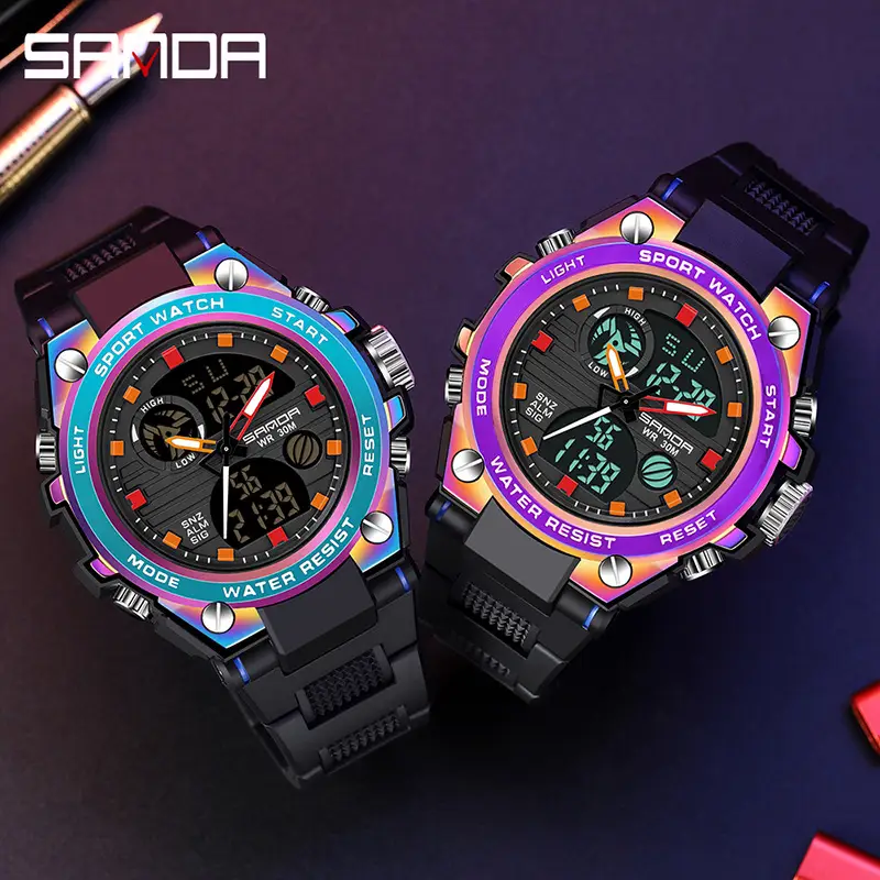 Red Silicone Sport Watch for Men Women Dual Time Zone
