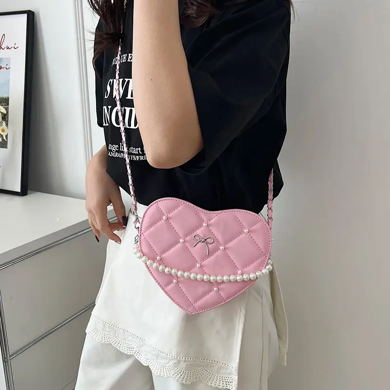 Pink Heart-Shaped Diamond Embossed Shoulder Bag for Women - Image 8