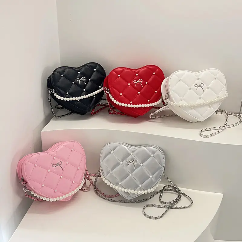 Pink Heart-Shaped Diamond Embossed Shoulder Bag for Women - Image 9