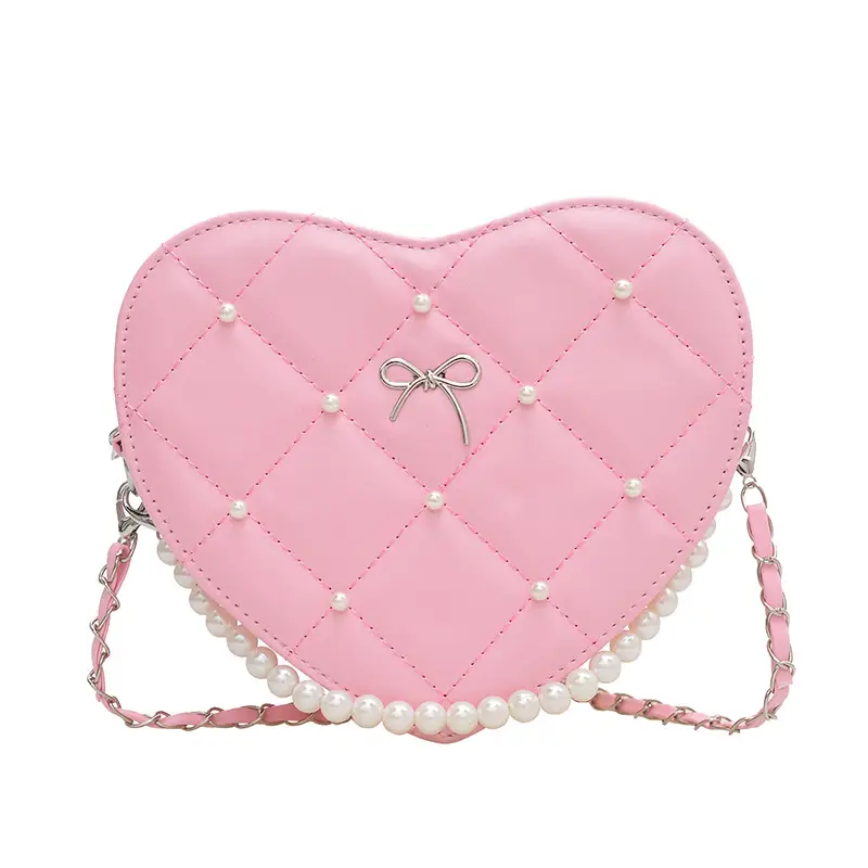 Pink Heart-Shaped Diamond Embossed Shoulder Bag for Women - Image 10