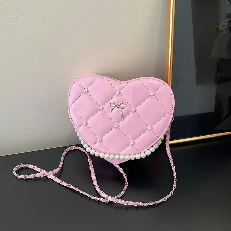 Pink Heart-Shaped Diamond Embossed Shoulder Bag for Women — feature 14