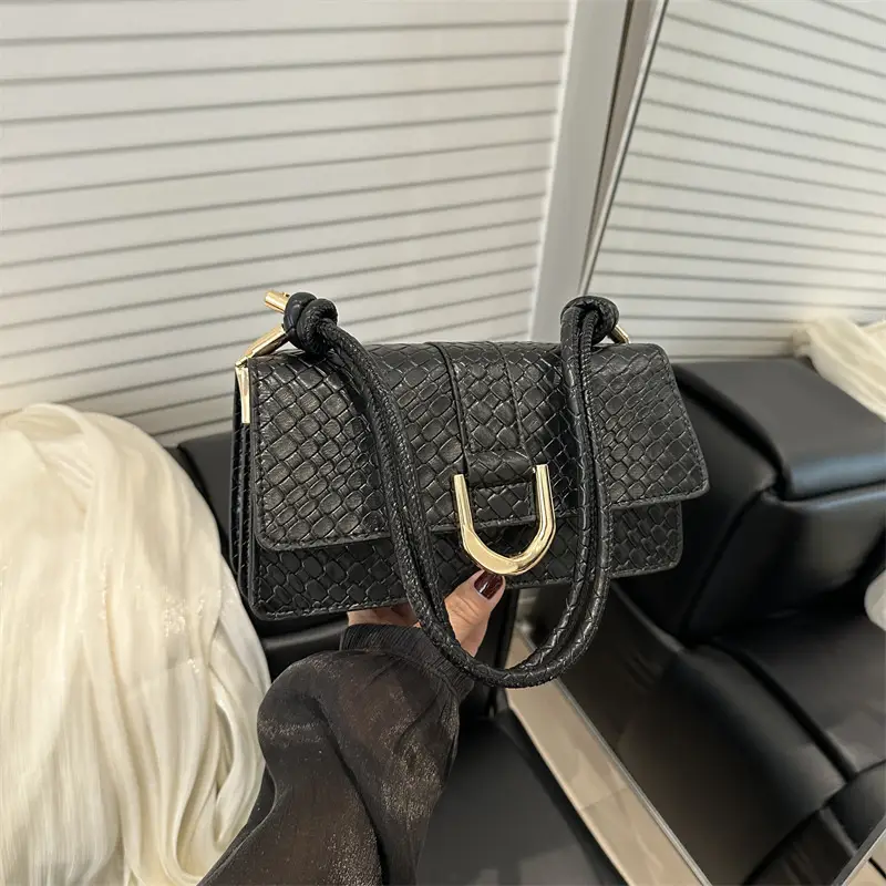 Black Textured Shoulder Bag with Gold Hardware - Image 7