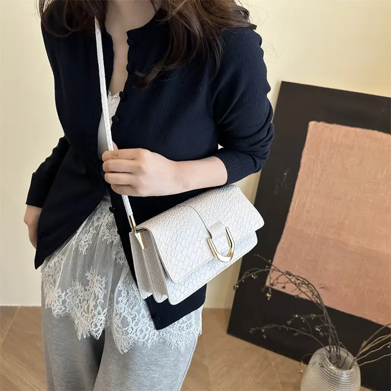 Black Textured Shoulder Bag with Gold Hardware - Image 8