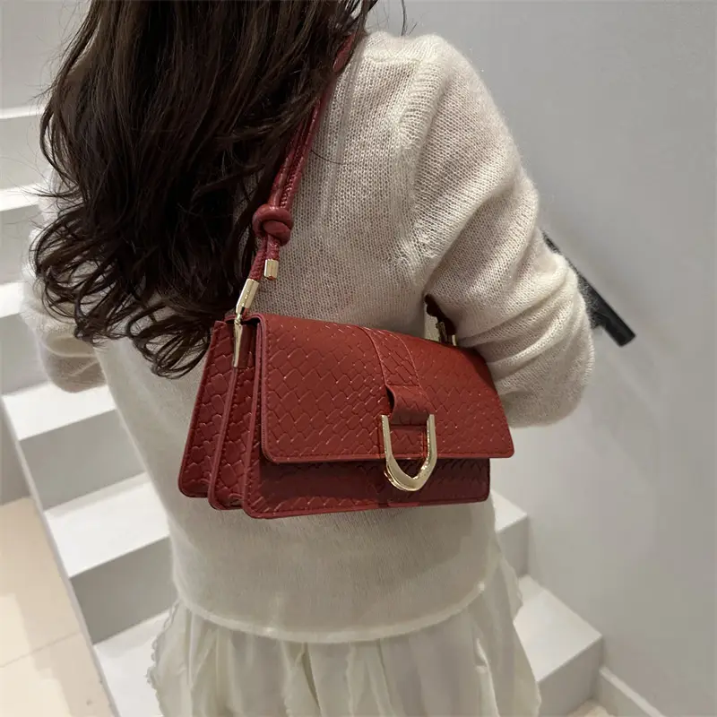Black Textured Shoulder Bag with Gold Hardware - Image 9
