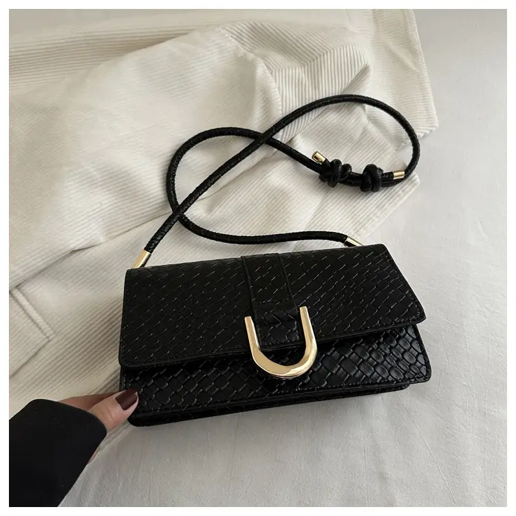 Black Textured Shoulder Bag with Gold Hardware - Image 2
