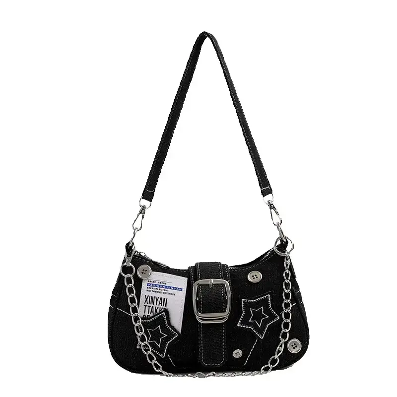 Blue Star Denim Underarm Bag with Chain Strap