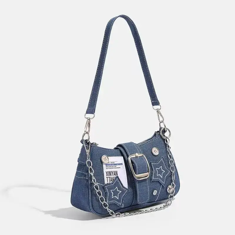 Blue Star Denim Underarm Bag with Chain Strap — feature 6