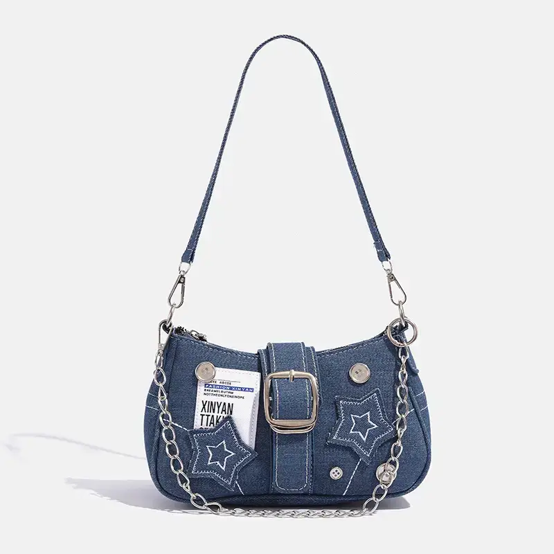 Blue Star Denim Underarm Bag with Chain Strap