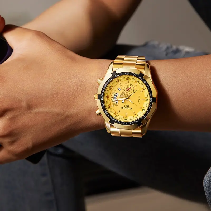 Men's Gold Waterproof Chronograph Watch with Large Dial - Image 10