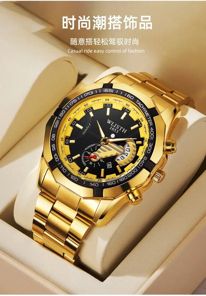 Men's Gold Waterproof Chronograph Watch with Large Dial — feature 9
