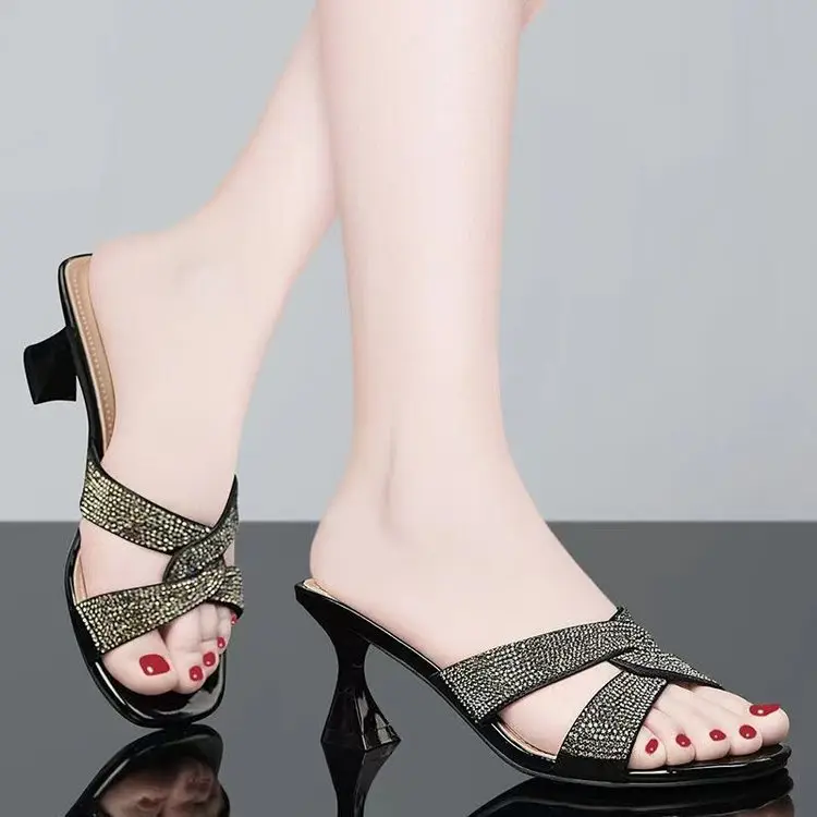 Women Rhinestone Mid Heel Sandals 2025 Summer