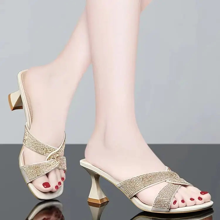 Women Rhinestone Mid Heel Sandals 2025 Summer