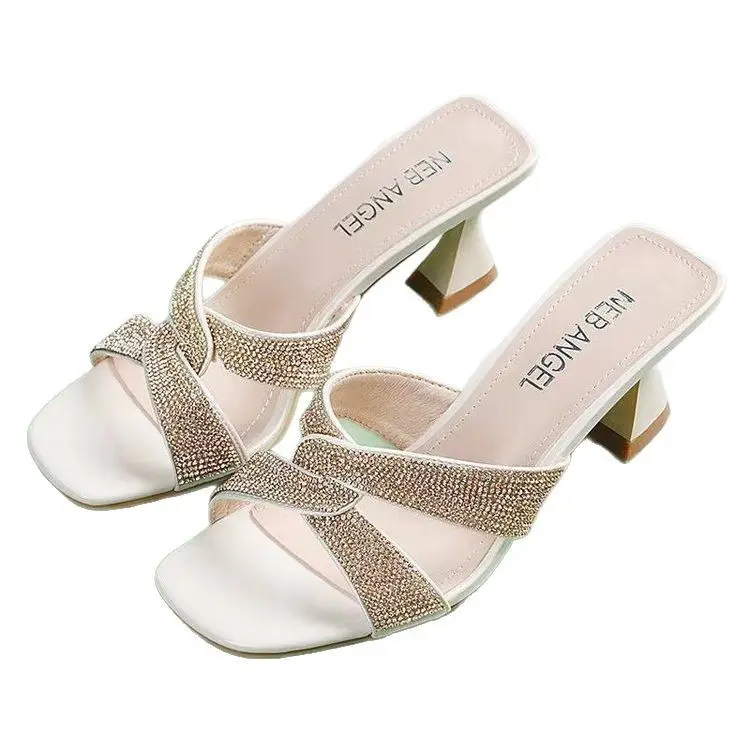 Women Rhinestone Mid Heel Sandals 2025 Summer