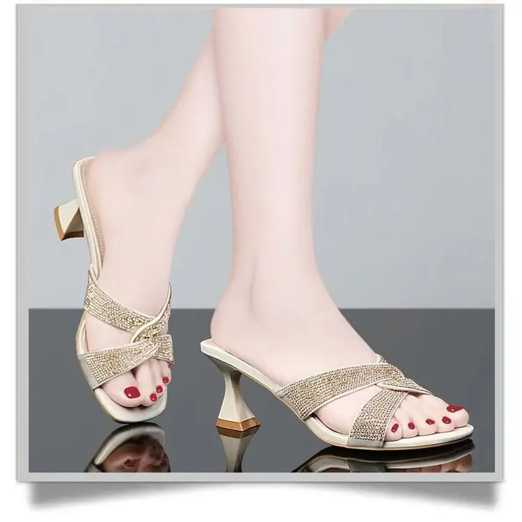 Women Rhinestone Mid Heel Sandals 2025 Summer