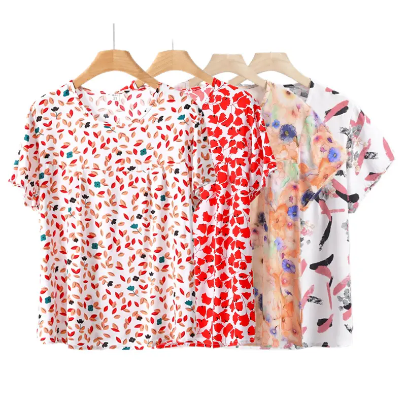 Cotton Silk Pullover T-Shirt Middle-Aged and Elderly Mother's Wear Women's Top Summer Thin Artificial Cotton Printed Loose Floral Shirt