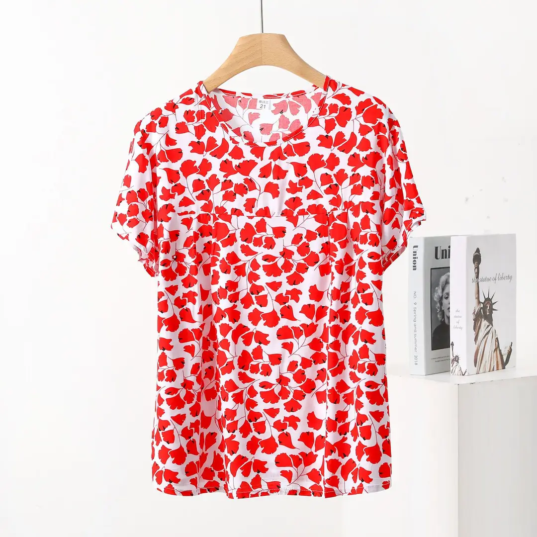 Cotton Silk Pullover T-Shirt Middle-Aged and Elderly Mother's Wear Women's Top Summer Thin Artificial Cotton Printed Loose Floral Shirt