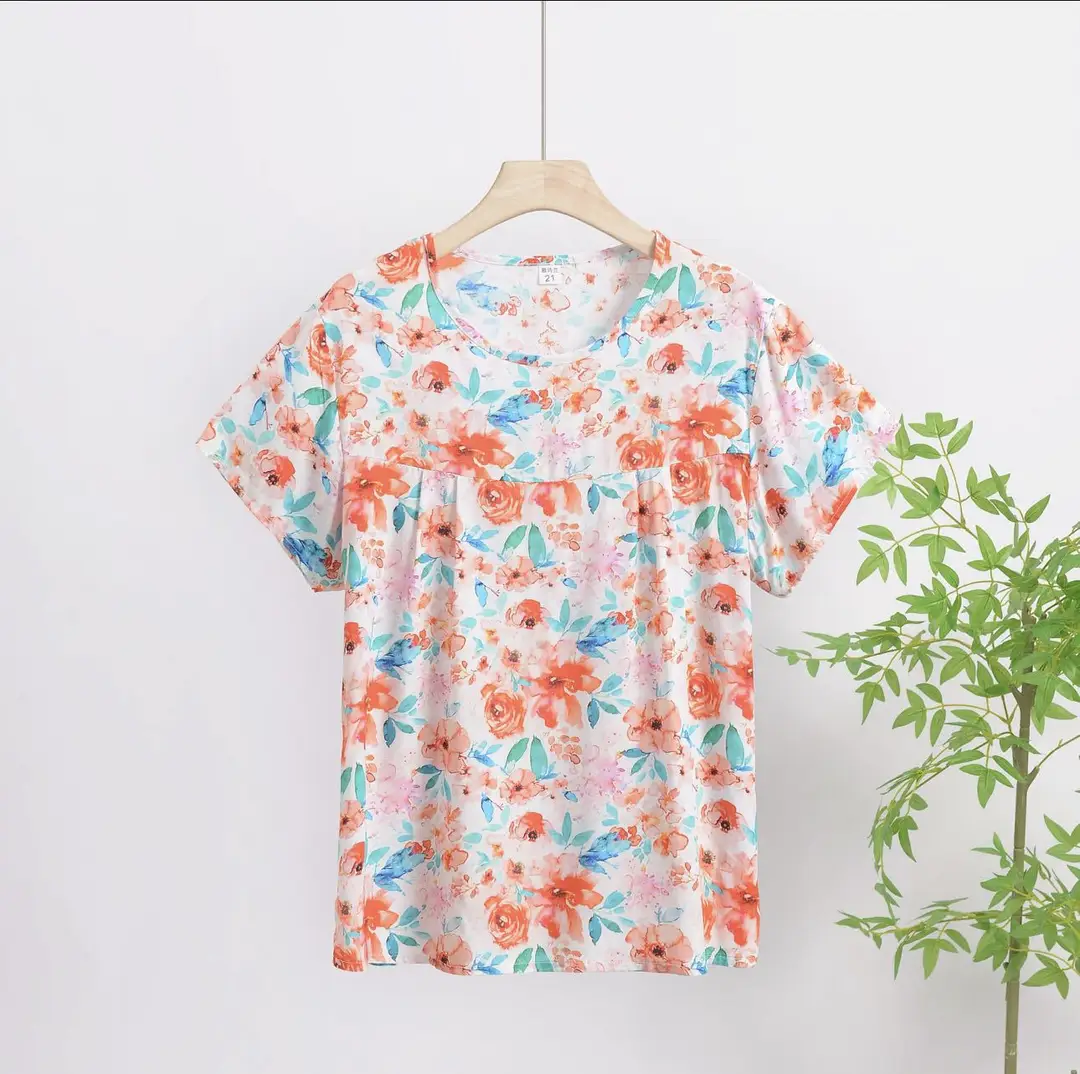Cotton Silk Pullover T-Shirt Middle-Aged and Elderly Mother's Wear Women's Top Summer Thin Artificial Cotton Printed Loose Floral Shirt
