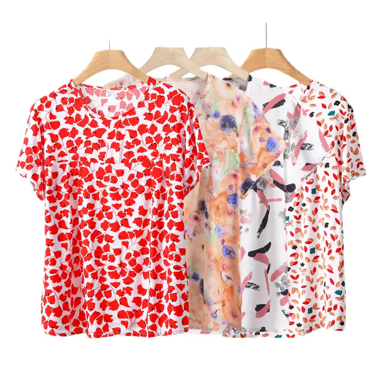 Cotton Silk Pullover T-Shirt Middle-Aged and Elderly Mother's Wear Women's Top Summer Thin Artificial Cotton Printed Loose Floral Shirt
