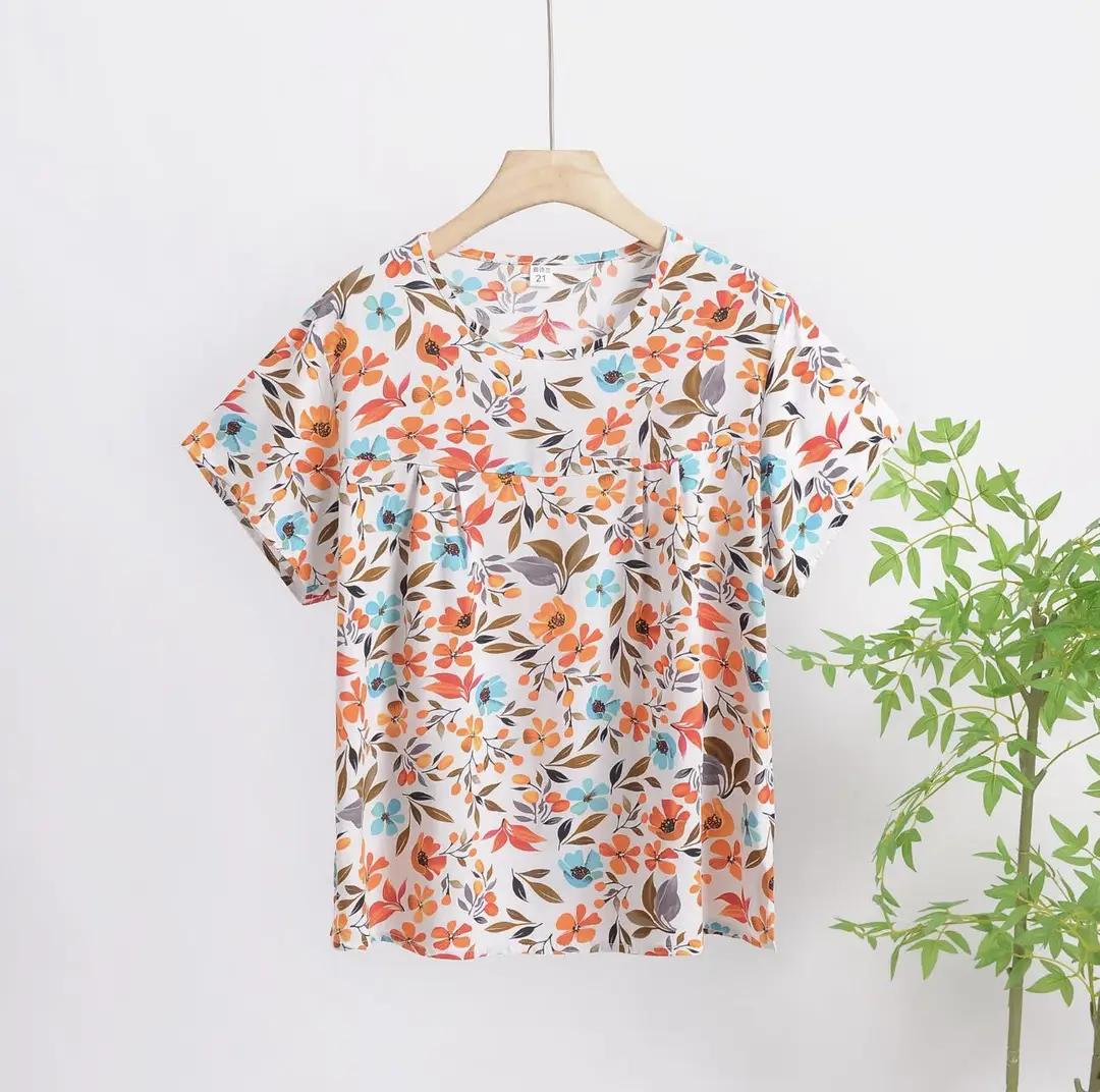 Cotton Silk Pullover T-Shirt Middle-Aged and Elderly Mother's Wear Women's Top Summer Thin Artificial Cotton Printed Loose Floral Shirt — feature 13