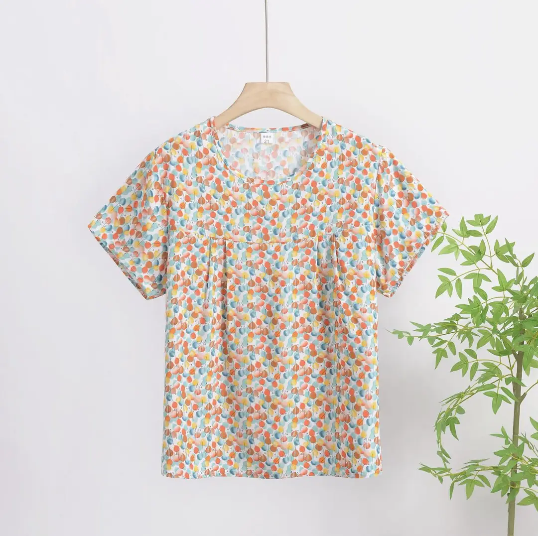 Cotton Silk Pullover T-Shirt Middle-Aged and Elderly Mother's Wear Women's Top Summer Thin Artificial Cotton Printed Loose Floral Shirt — feature 15