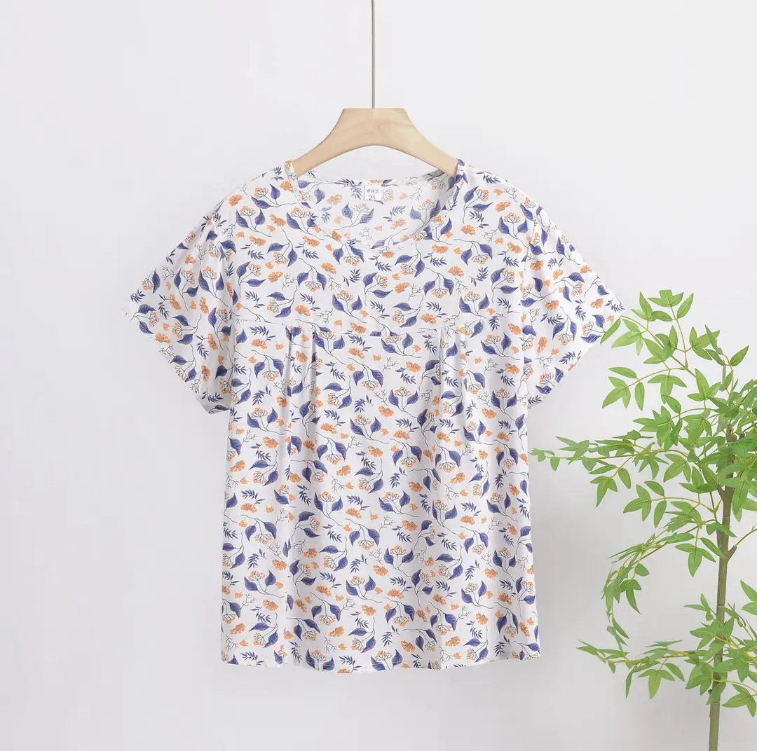 Cotton Silk Pullover T-Shirt Middle-Aged and Elderly Mother's Wear Women's Top Summer Thin Artificial Cotton Printed Loose Floral Shirt — feature 16