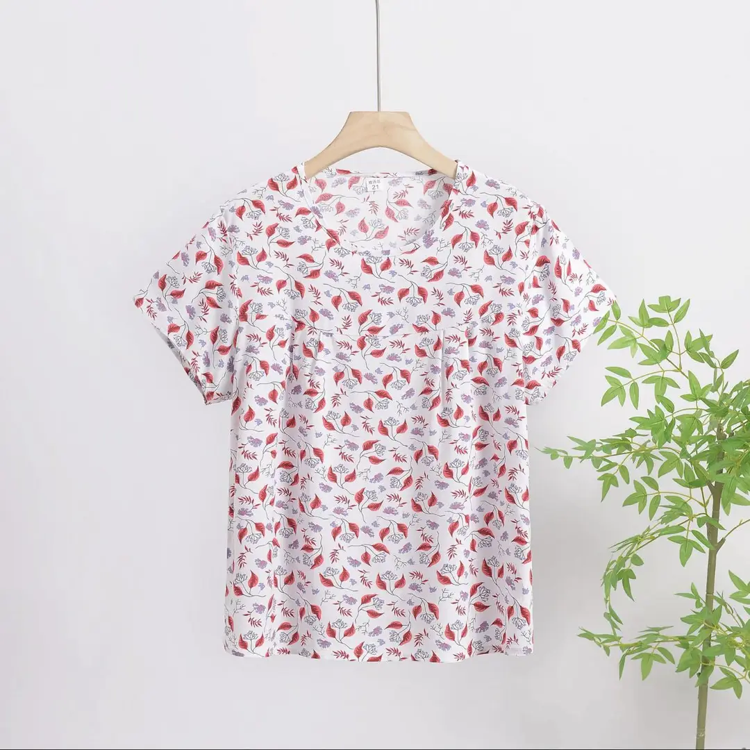 Cotton Silk Pullover T-Shirt Middle-Aged and Elderly Mother's Wear Women's Top Summer Thin Artificial Cotton Printed Loose Floral Shirt — feature 17