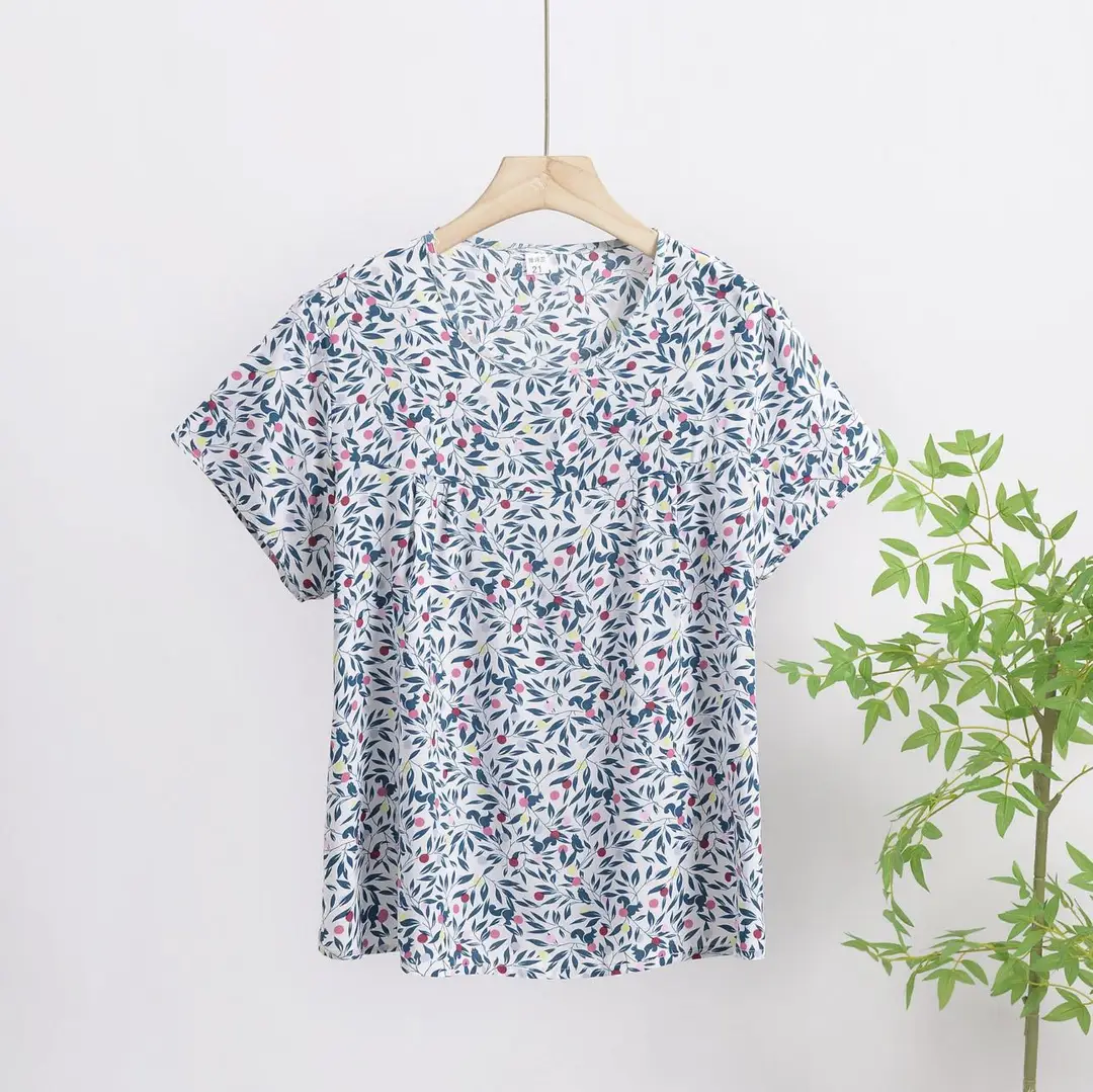 Cotton Silk Pullover T-Shirt Middle-Aged and Elderly Mother's Wear Women's Top Summer Thin Artificial Cotton Printed Loose Floral Shirt — feature 5