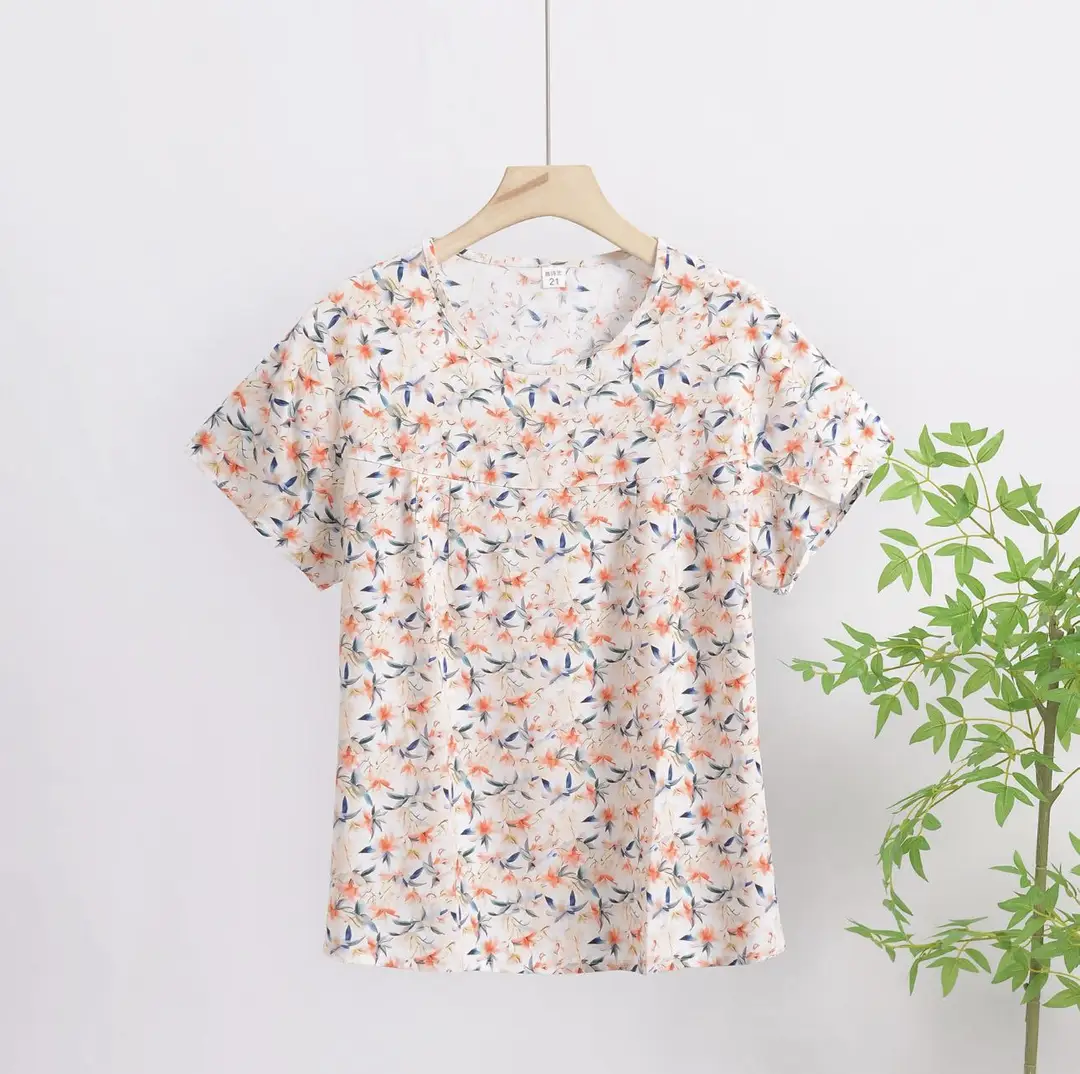 Cotton Silk Pullover T-Shirt Middle-Aged and Elderly Mother's Wear Women's Top Summer Thin Artificial Cotton Printed Loose Floral Shirt — feature 6