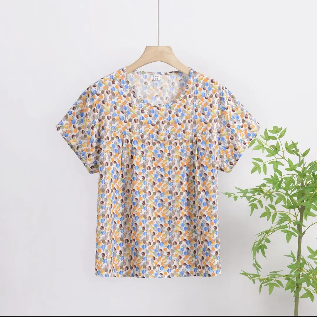 Cotton Silk Pullover T-Shirt Middle-Aged and Elderly Mother's Wear Women's Top Summer Thin Artificial Cotton Printed Loose Floral Shirt — feature 9
